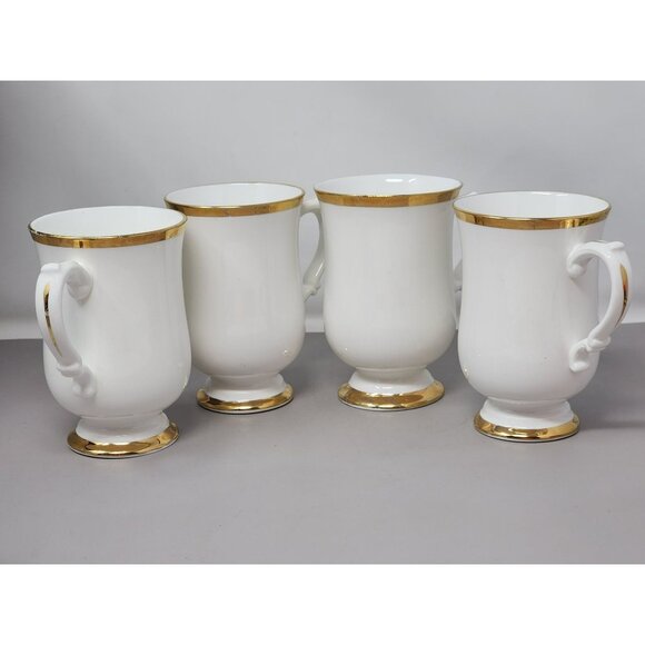Set Of 4 Royal Victoria‎ Vintage White Fine ChiBone China Mugs Gold Trim Elegant - Picture 1 of 16